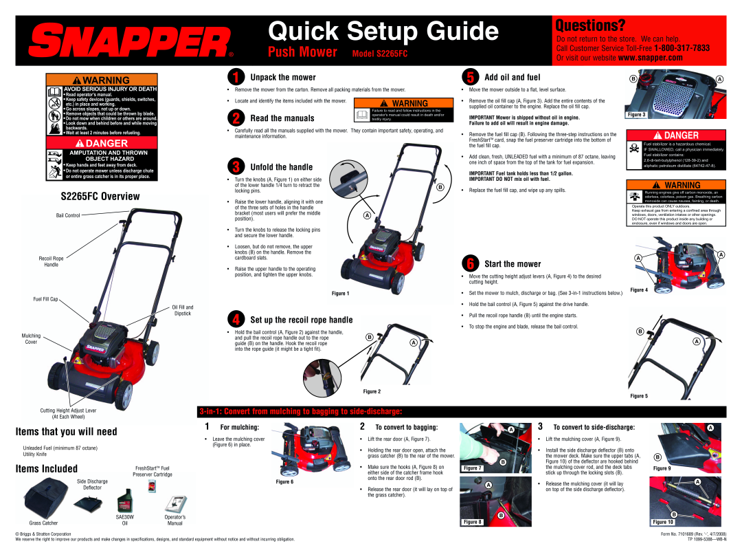 Snapper setup guide Questions?, S2265FC Overview, Items that you will need, Items Included, Unpack the mower, Danger 