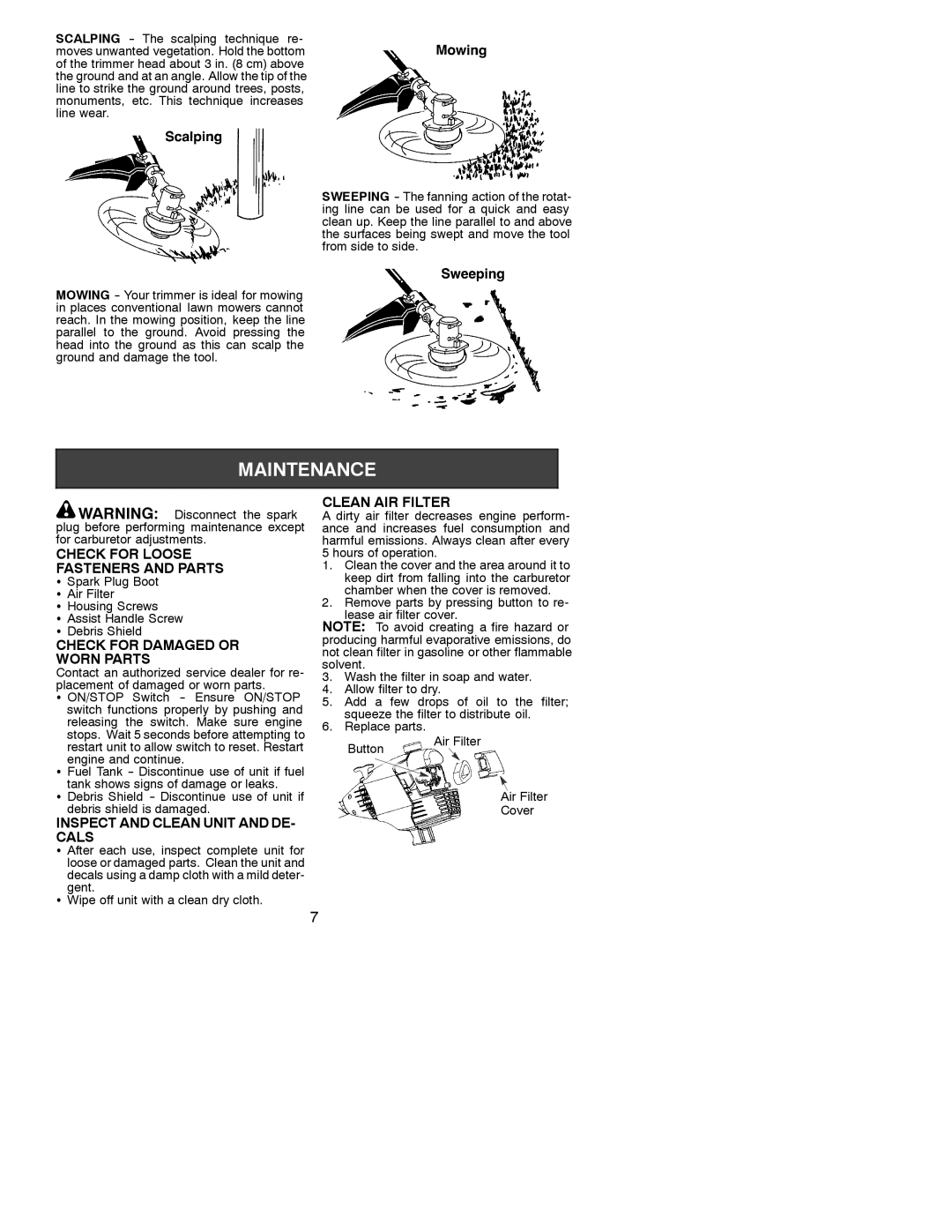 Snapper s31sst Check for Loose Fasteners and Parts, Check for Damaged or Worn Parts, Inspect and Clean Unit and DE- Cals 