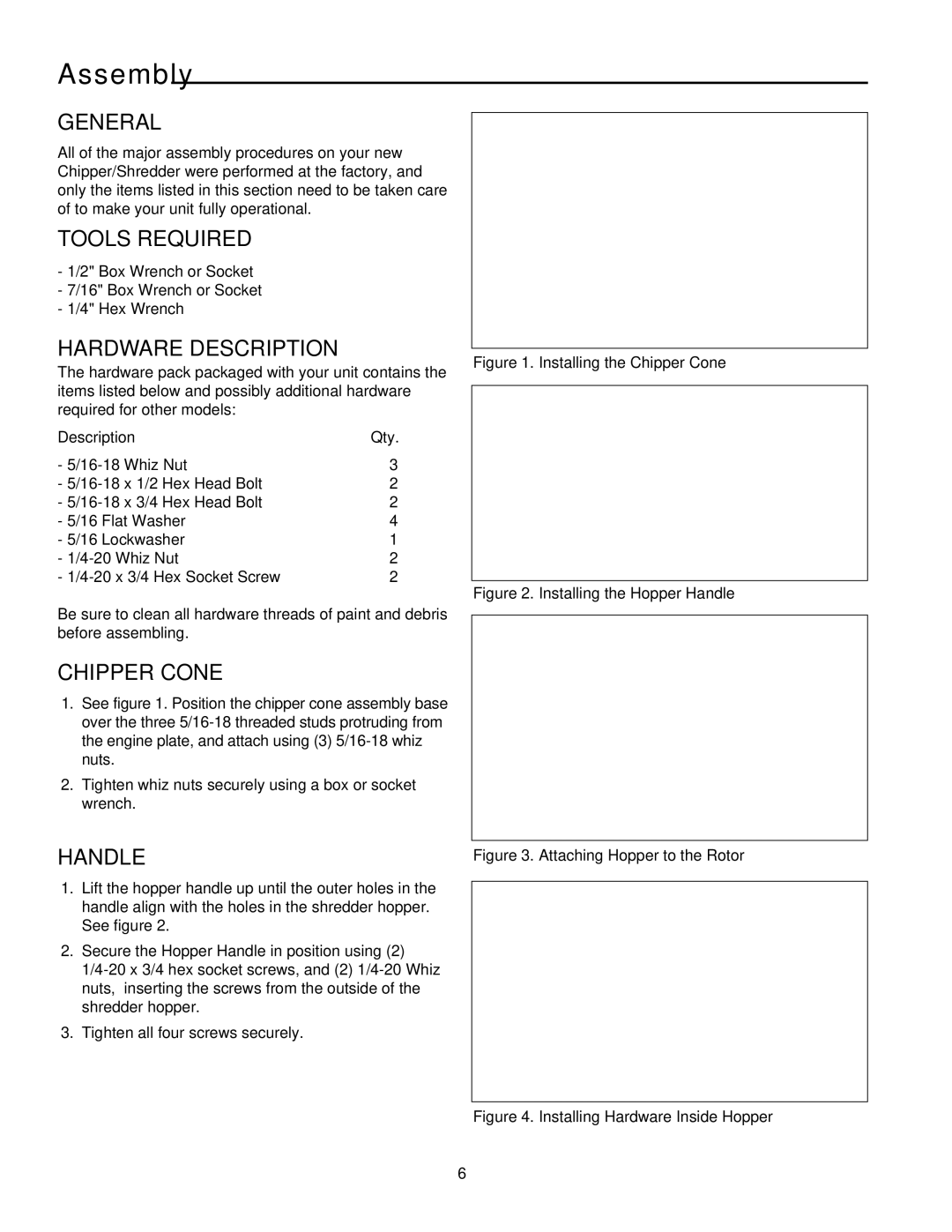 Snapper 5/14, 8/14, SAC55140BV manual Assembly, Tools Required, Hardware Description, Chipper Cone, Handle 