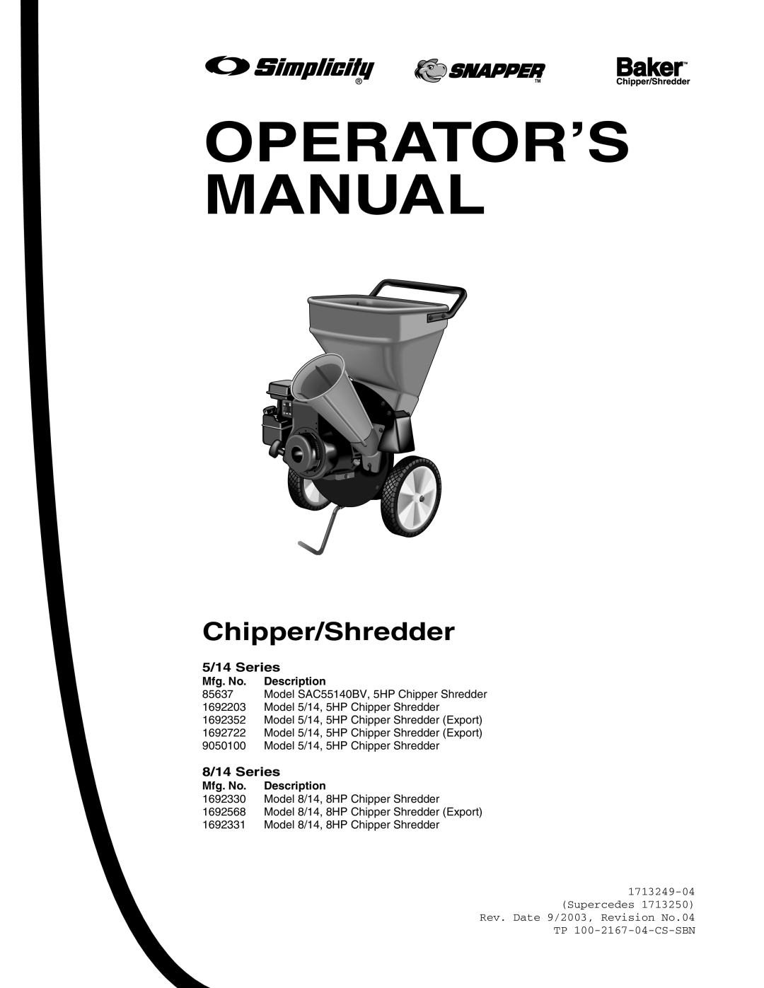 Snapper 5/14, 8/14, SAC55140BV manual 5/14 Series, 8/14 Series, Operator’S Manual, Chipper/Shredder 