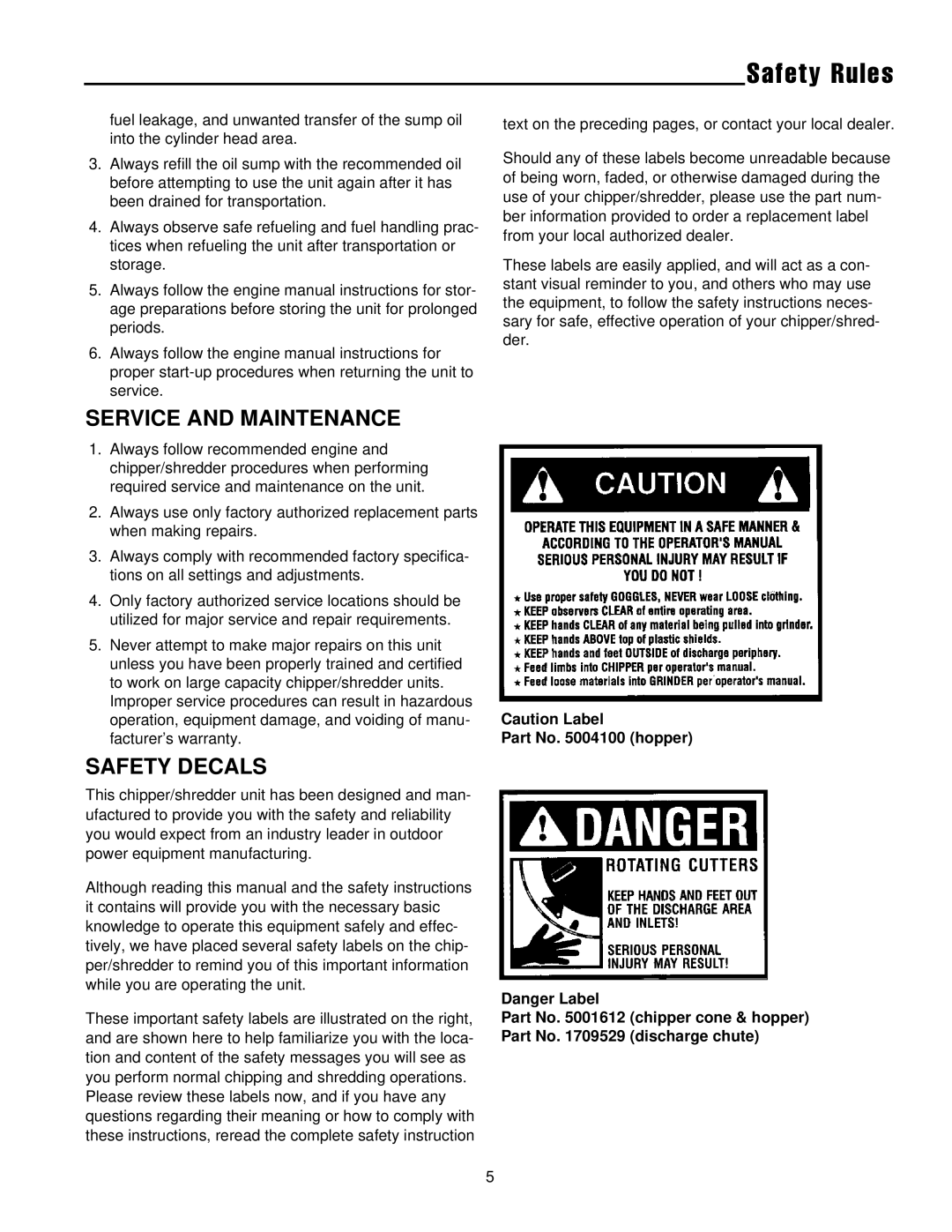 Snapper SAC55140BV, 5/14, 8/14 Service And Maintenance, Safety Decals, Caution Label Part No. 5004100 hopper Danger Label 