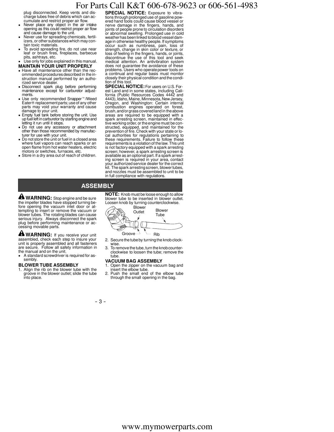 Snapper SB2000M instruction manual Maintain Your Unit Properly, Vacuum BAG Assembly, Blower Tube Assembly 