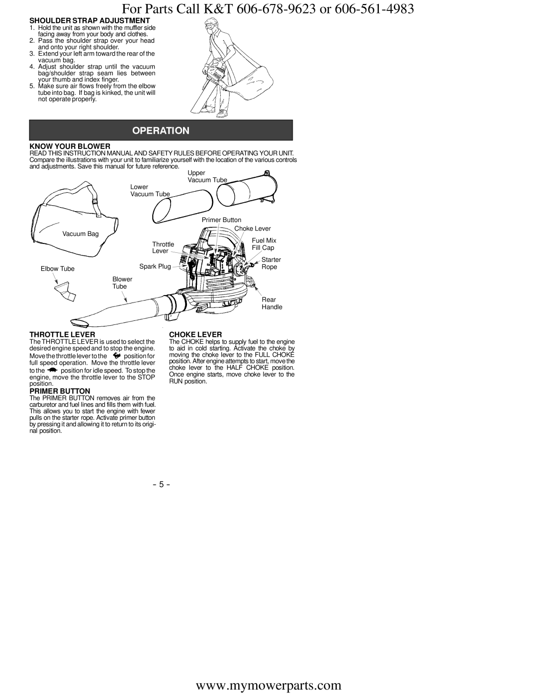 Snapper SB2000M instruction manual Shoulder Strap Adjustment, Know Your Blower, Throttle Lever, Primer Button, Choke Lever 