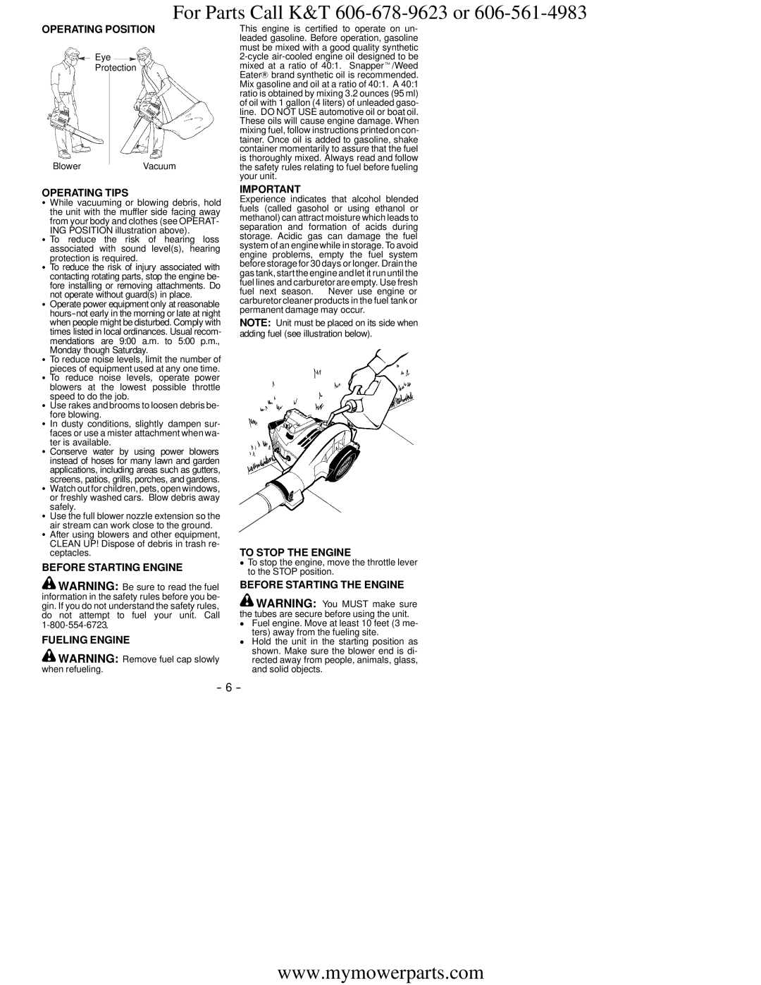 Snapper SB2000M Operating Position, Operating Tips, Before Starting Engine Fueling Engine, To Stop the Engine 