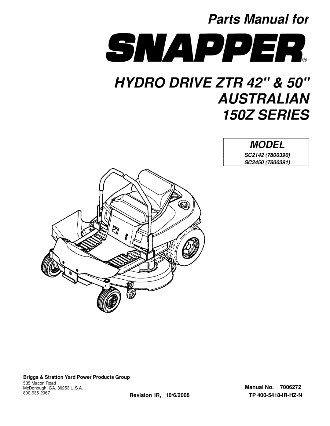 Snapper SC2450, SC2142 manual Hydro Drive ZTR 42 Australian 150Z Series 