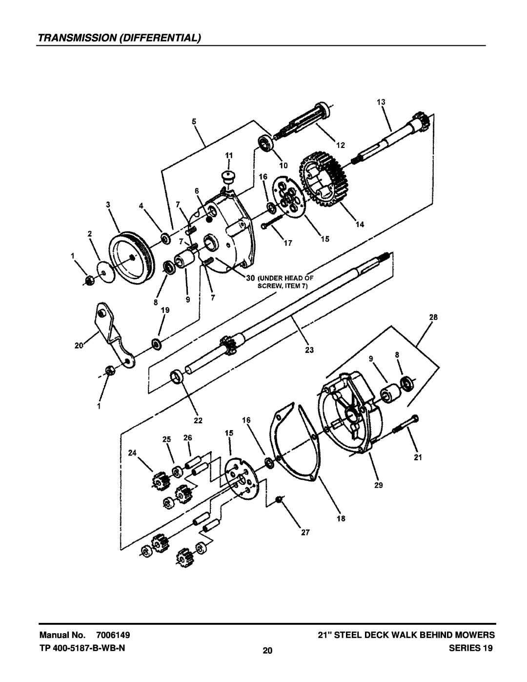 Snapper SERIES 19 manual Transmission Differential, Manual No, Steel Deck Walk Behind Mowers, TP 400-5187-B-WB-N, Series 