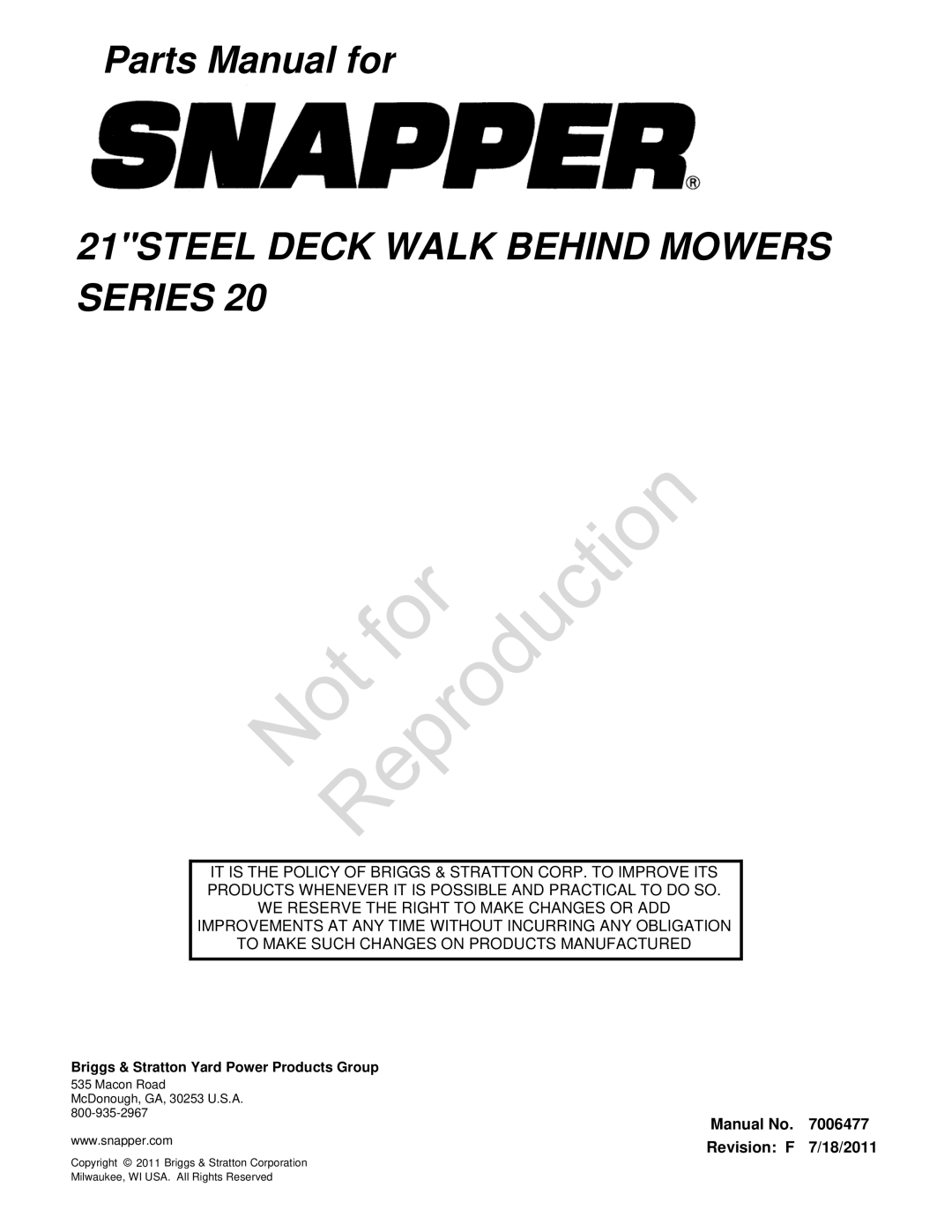 Snapper SERIES 20 manual 21STEEL Deck Walk Behind Mowers Series 