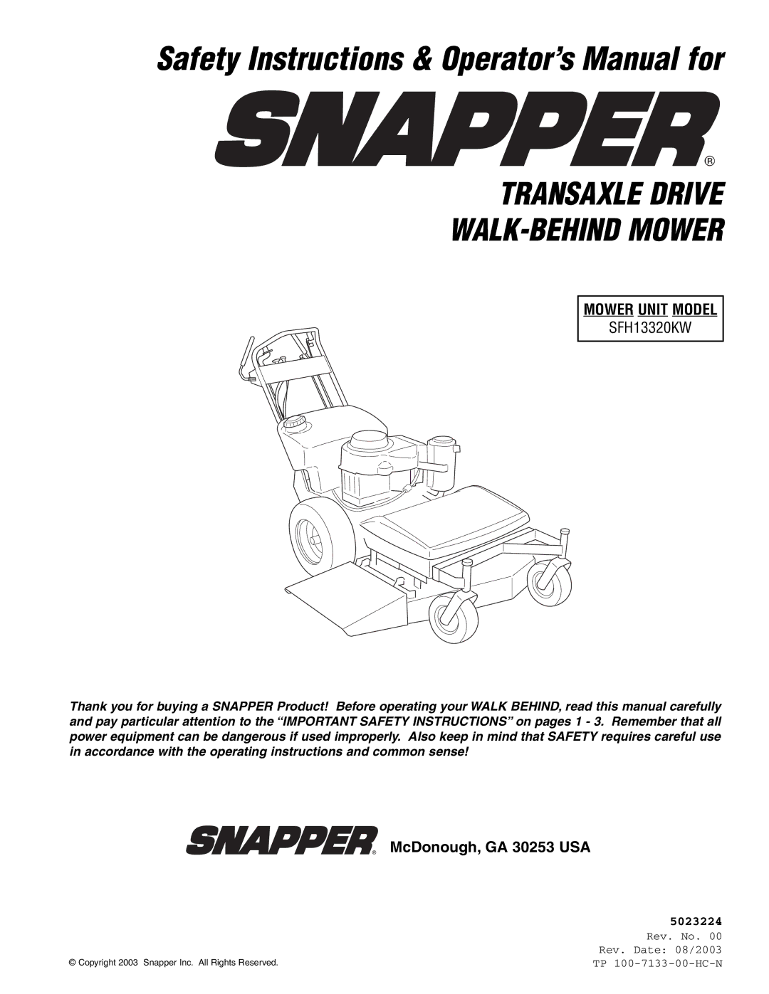 Snapper SFH13320KW important safety instructions Safety Instructions & Operator’s Manual for, McDonough, GA 30253 USA 