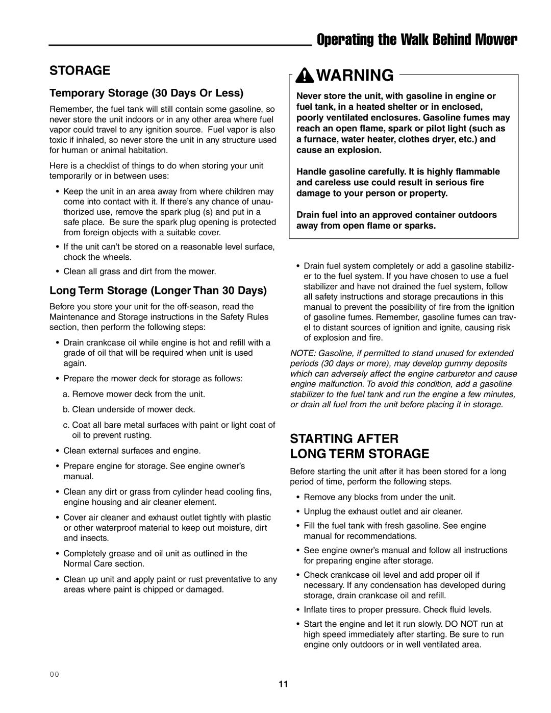 Snapper SFH13320KW important safety instructions Starting After Long Term Storage, Temporary Storage 30 Days Or Less 