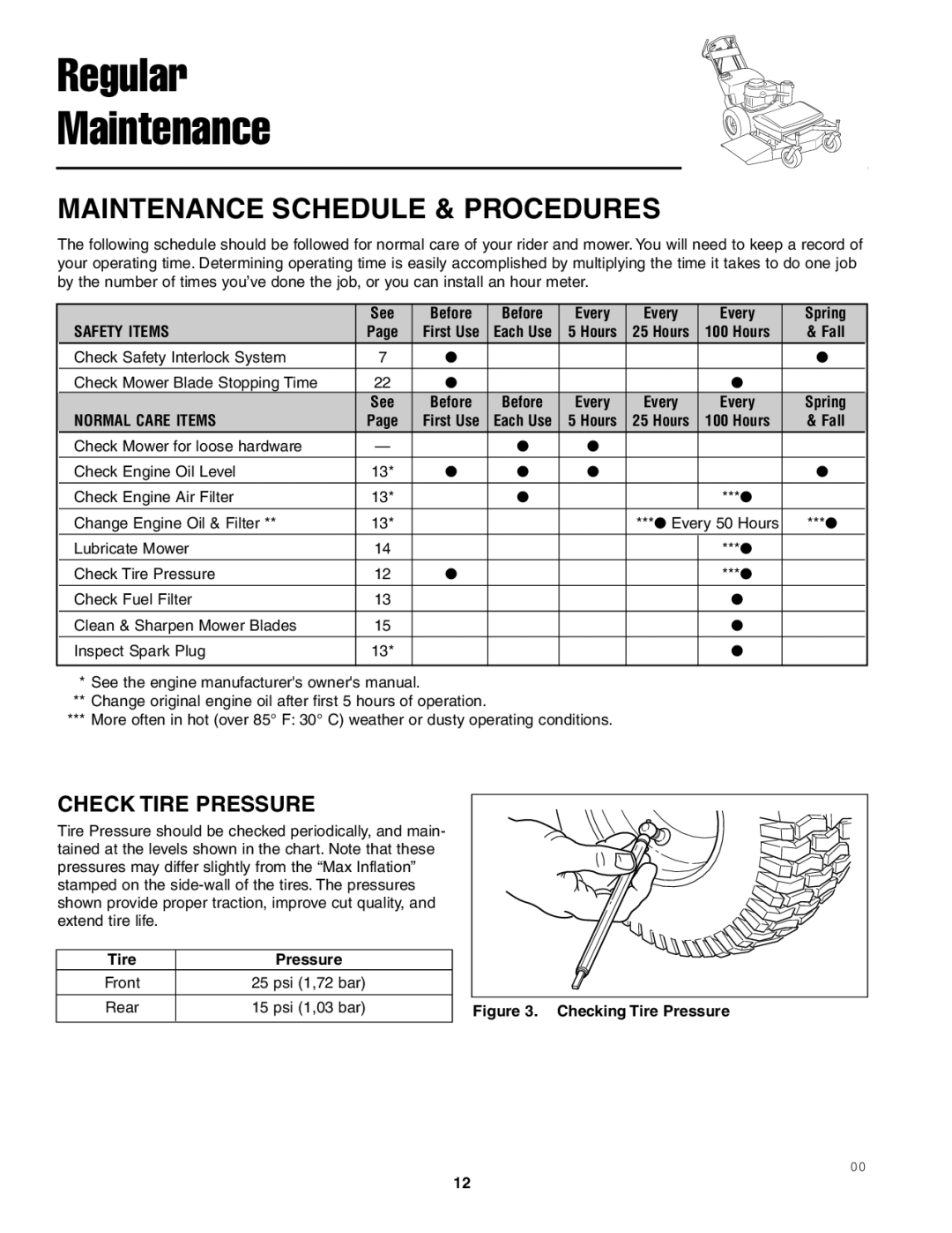 Snapper SFH13320KW important safety instructions Check Tire Pressure, See Before Every Spring, Fall 