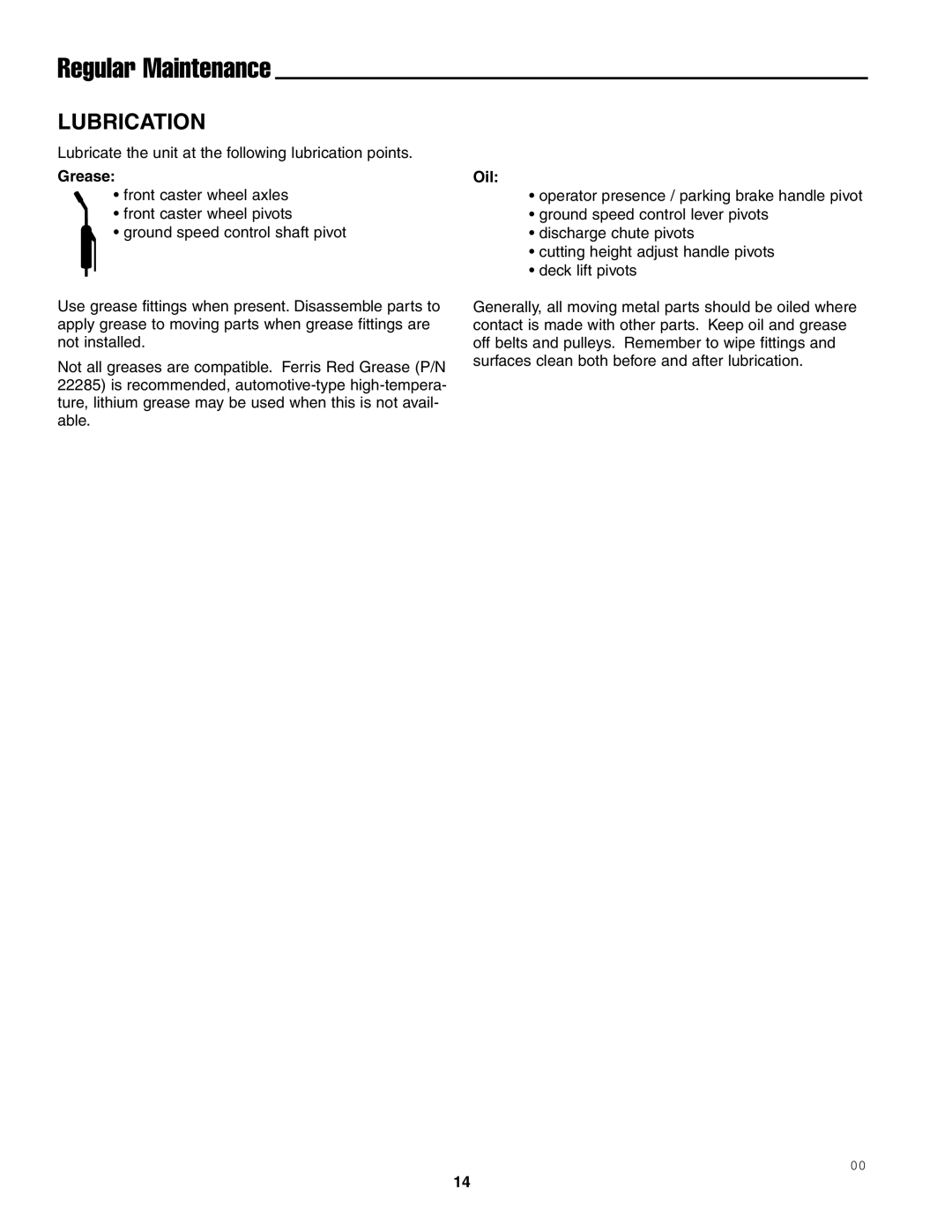 Snapper SFH13320KW important safety instructions Lubrication, GreaseOil 