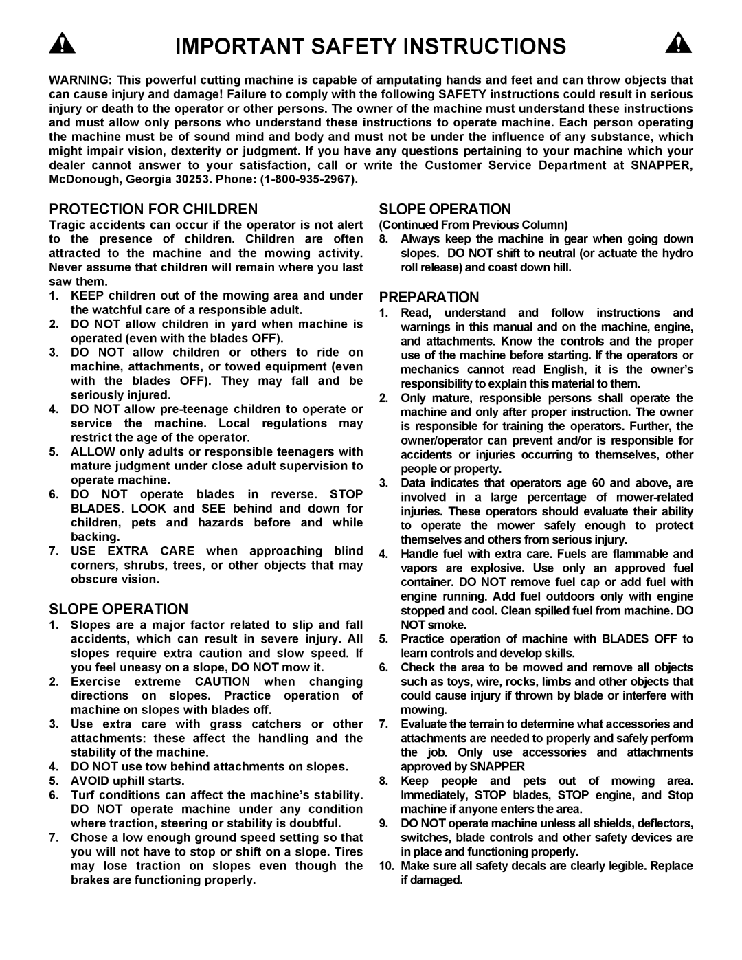 Snapper SFH13320KW important safety instructions Important Safety Instructions 