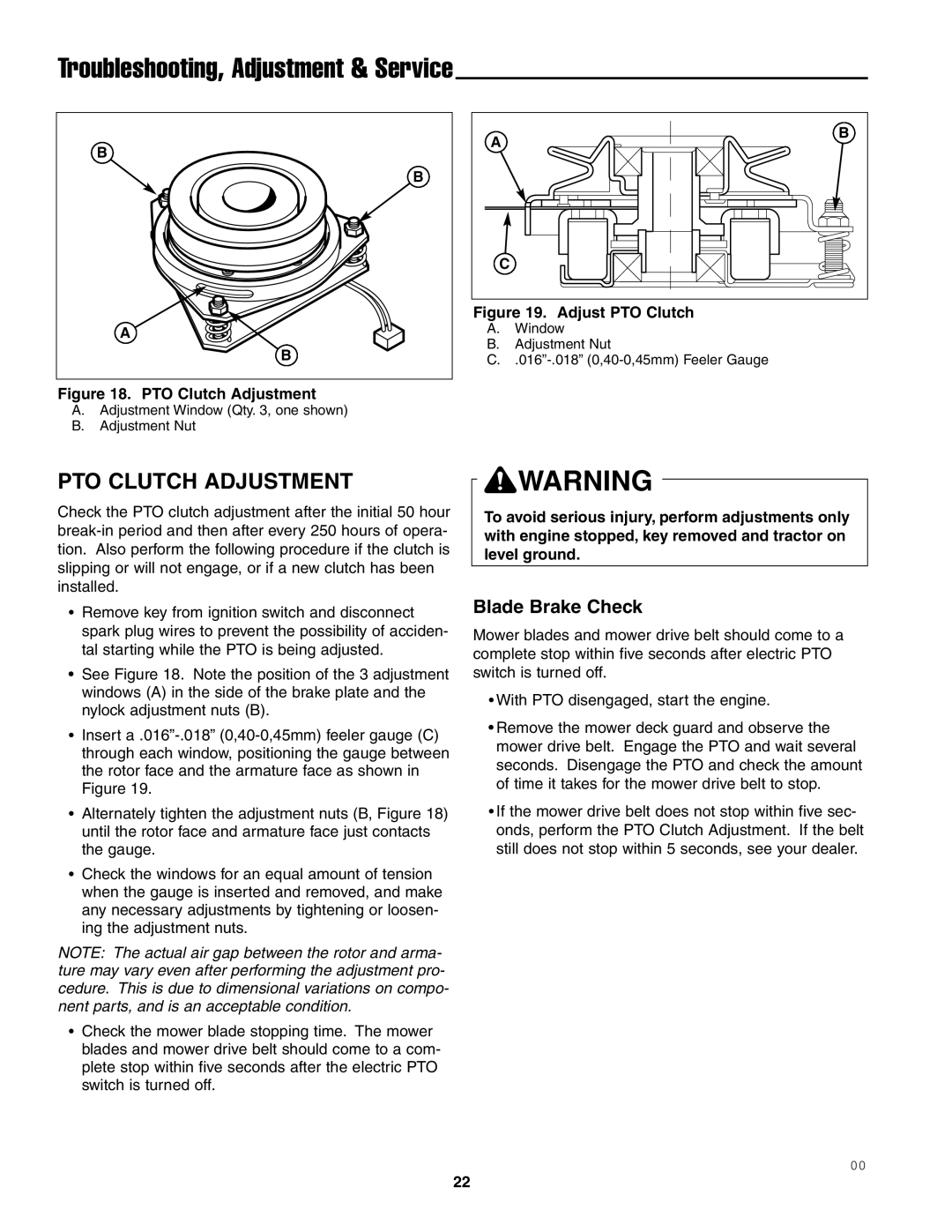 Snapper SFH13320KW important safety instructions PTO Clutch Adjustment, Blade Brake Check 