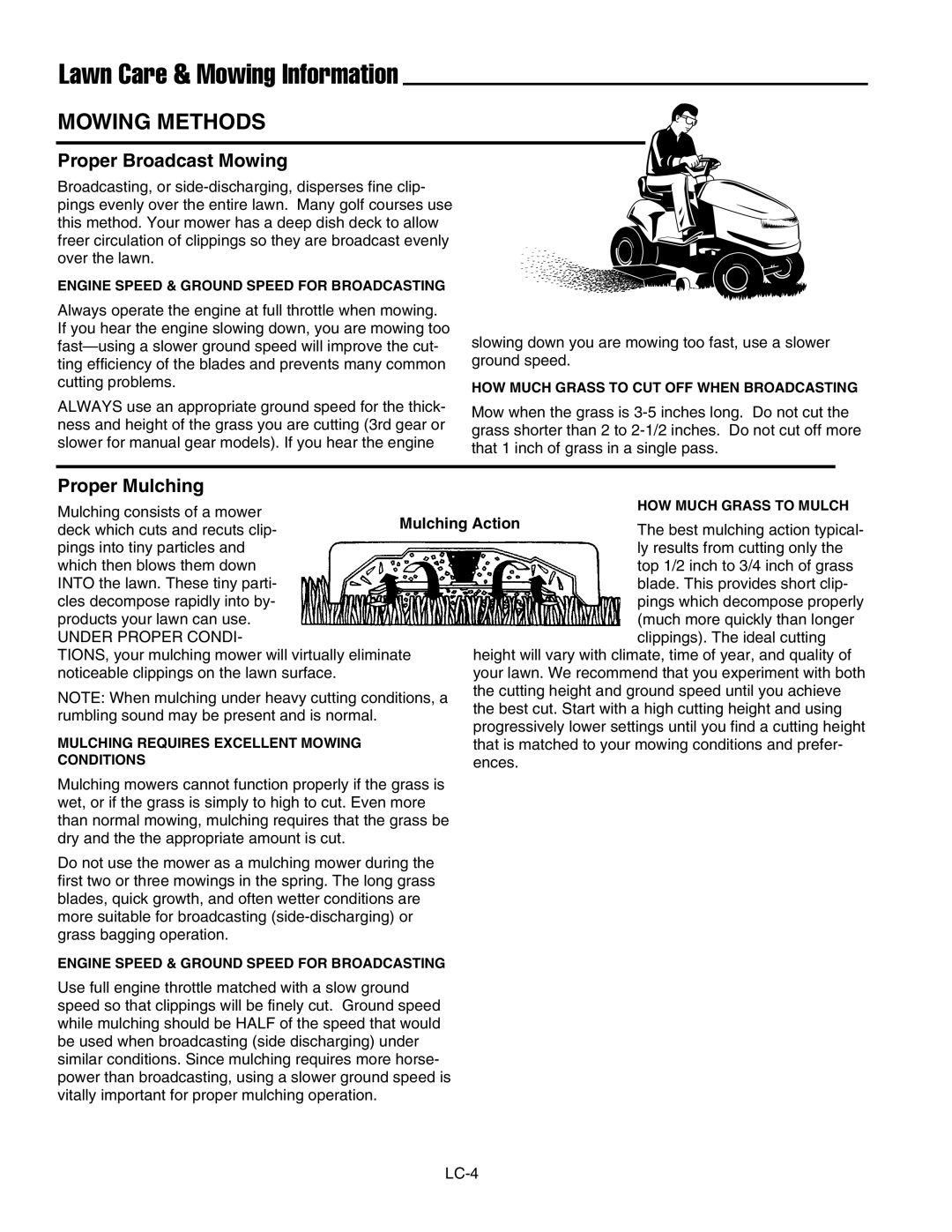 Snapper SFH13320KW important safety instructions Mowing Methods, Proper Broadcast Mowing, Proper Mulching 