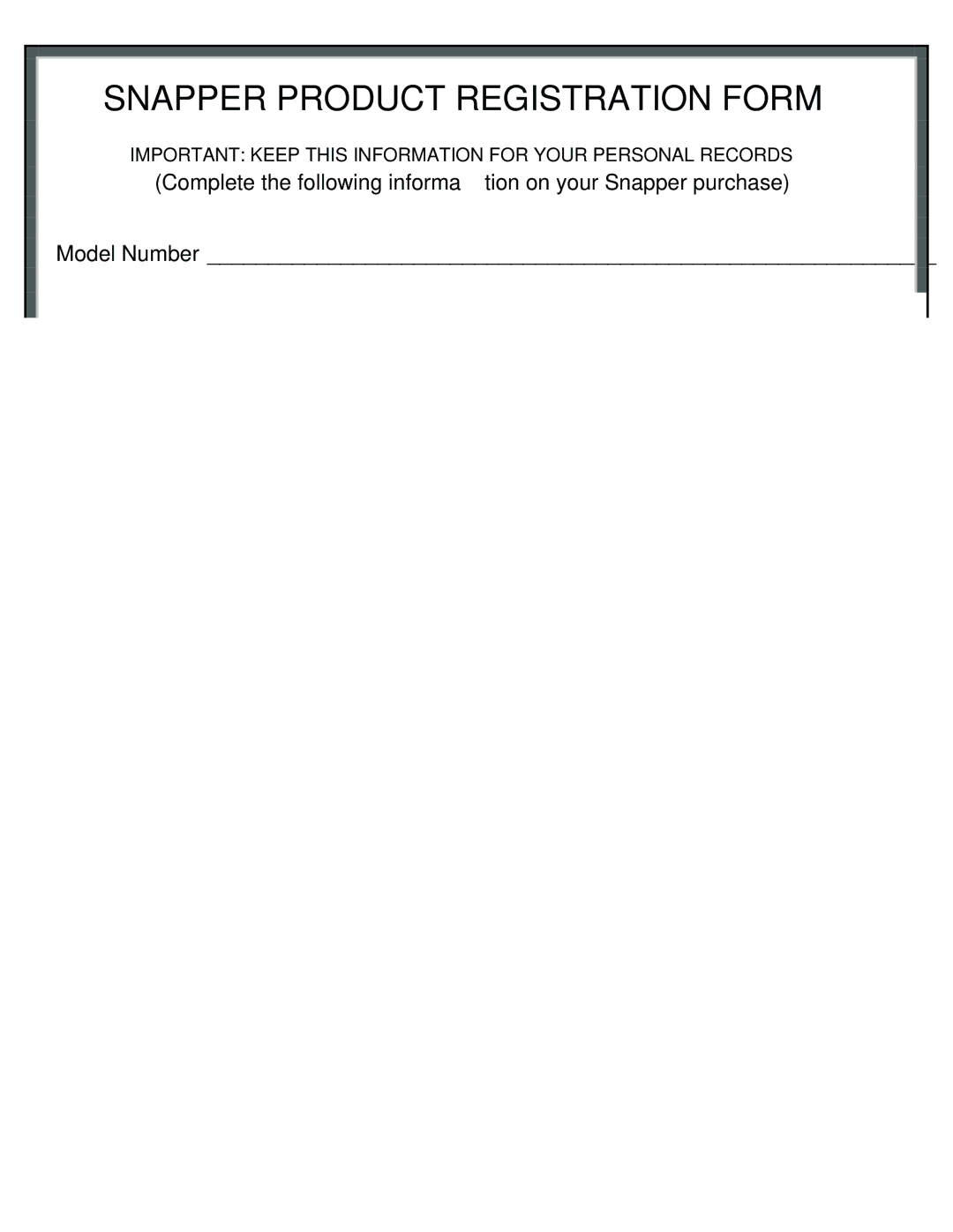 Snapper SFH13320KW important safety instructions Snapper Product Registration Form 