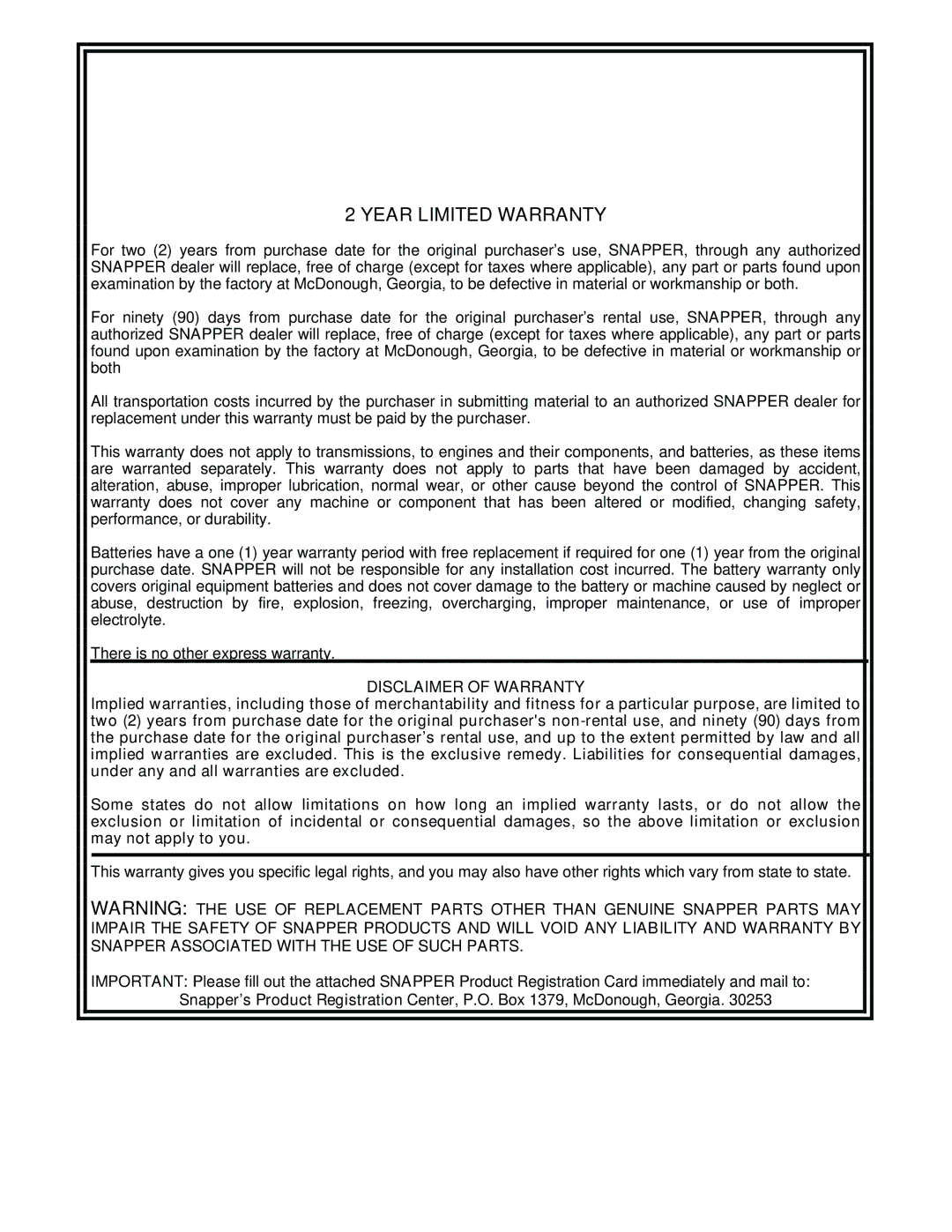 Snapper SFH13320KW important safety instructions Year Limited Warranty 