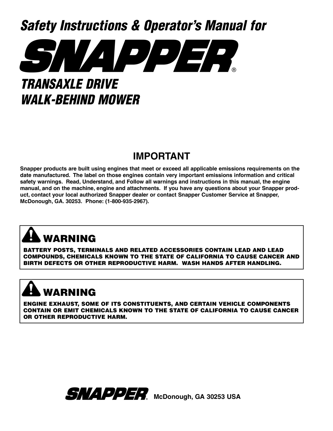 Snapper SFH13320KW important safety instructions Safety Instructions & Operator’s Manual for 