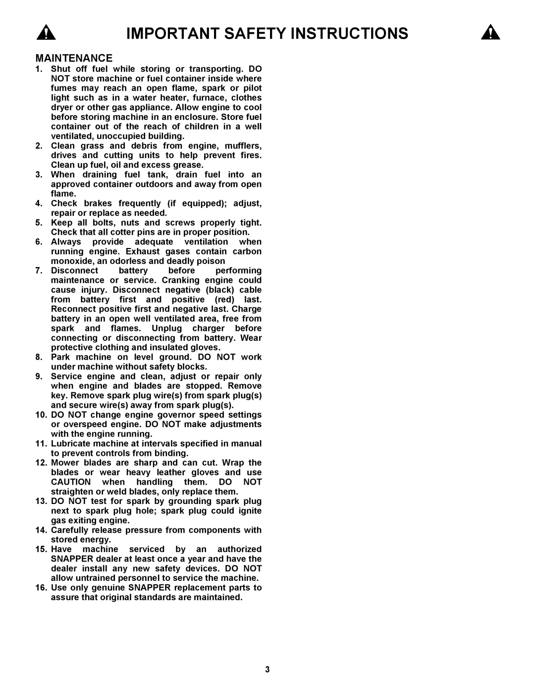 Snapper SFH13320KW important safety instructions Maintenance 