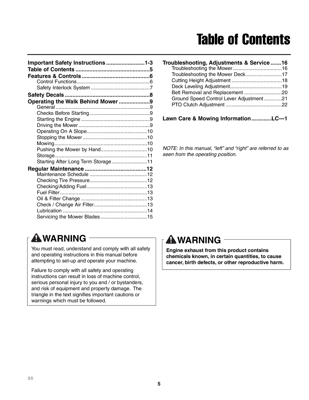 Snapper SFH13320KW important safety instructions Table of Contents 