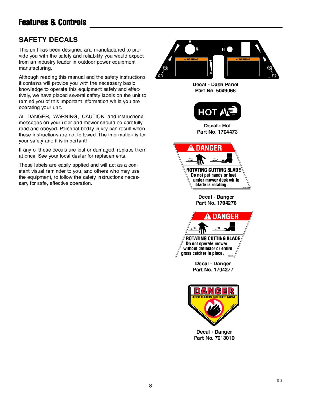 Snapper SFH13320KW important safety instructions Safety Decals, Decal Dash Panel Decal Hot Decal Danger 