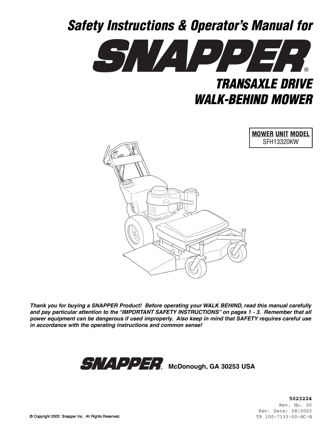 Snapper SFH13320KW important safety instructions Safety Instructions & Operator’s Manual for, Mower Unit Model, 5023224 