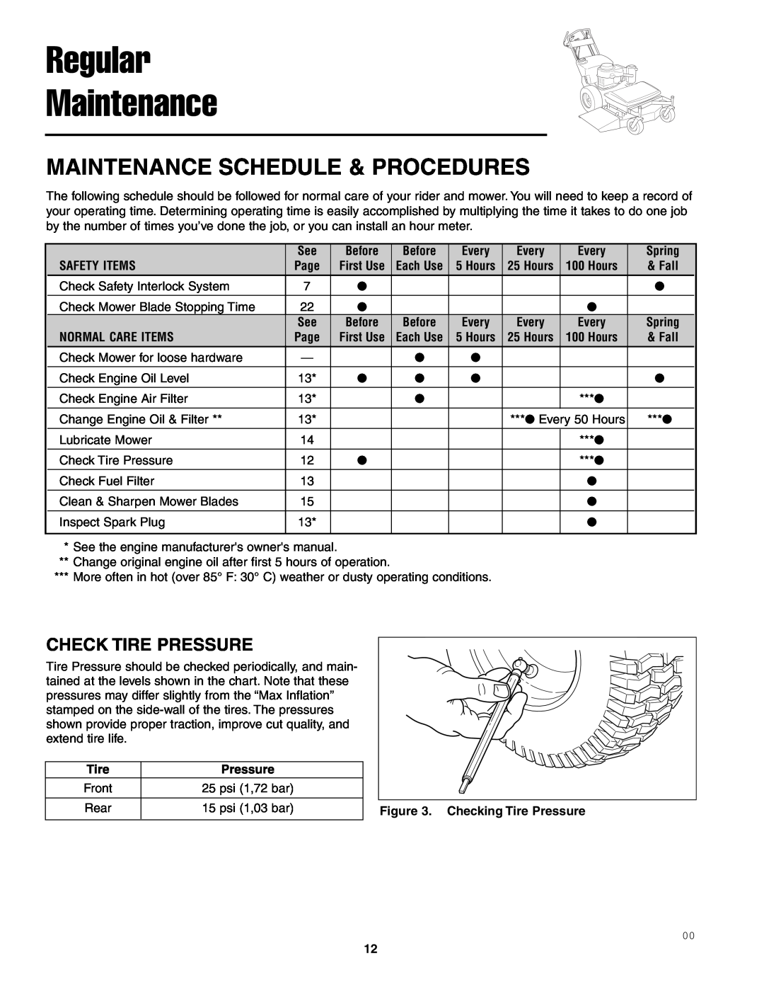 Snapper SFH13320KW Maintenance Schedule & Procedures, Check Tire Pressure, Regular Maintenance 