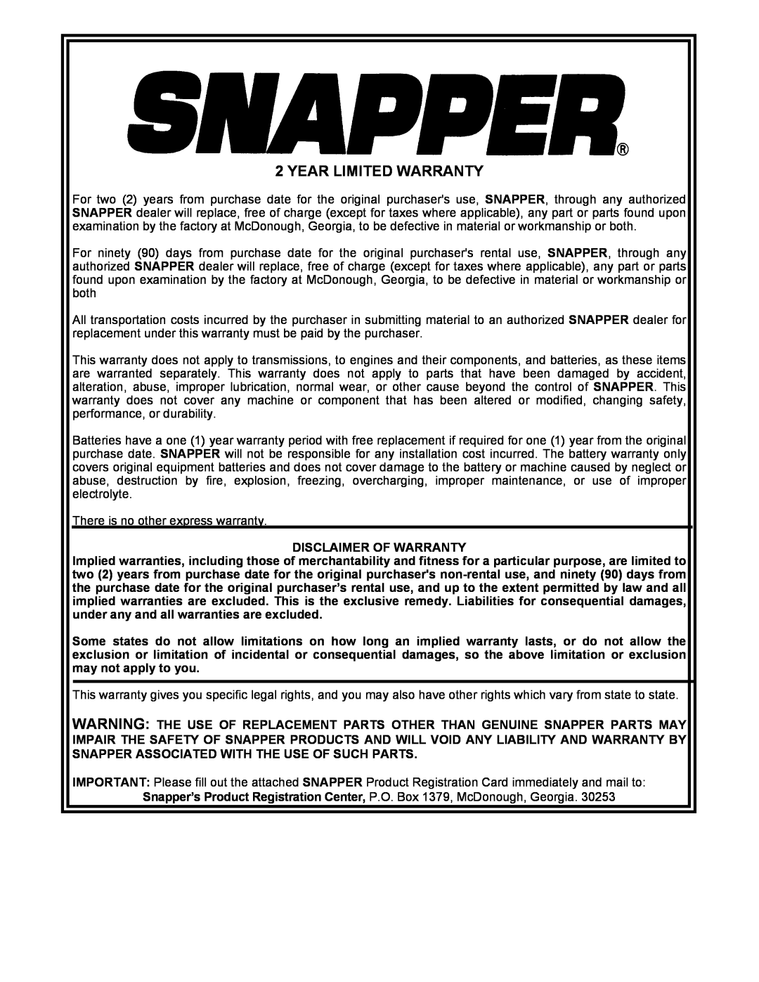 Snapper SFH13320KW important safety instructions Year Limited Warranty 