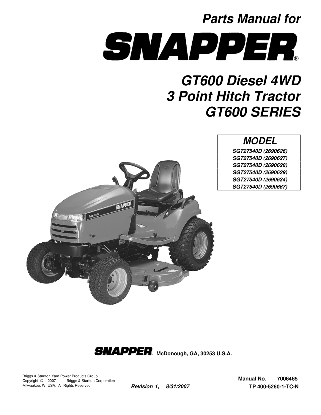 Snapper SGT27540D, SGT27540D, SGT27540D, SGT27540D, SGT27540D, SGT27540D manual GT600 Series 