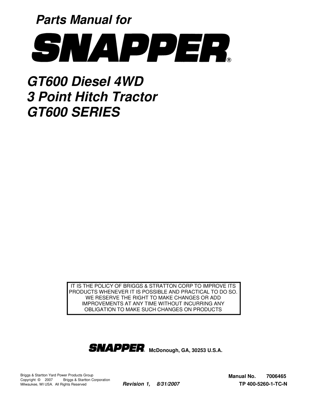 Snapper SGT27540D, SGT27540D, SGT27540D, SGT27540D, SGT27540D, SGT27540D manual GT600 Series 