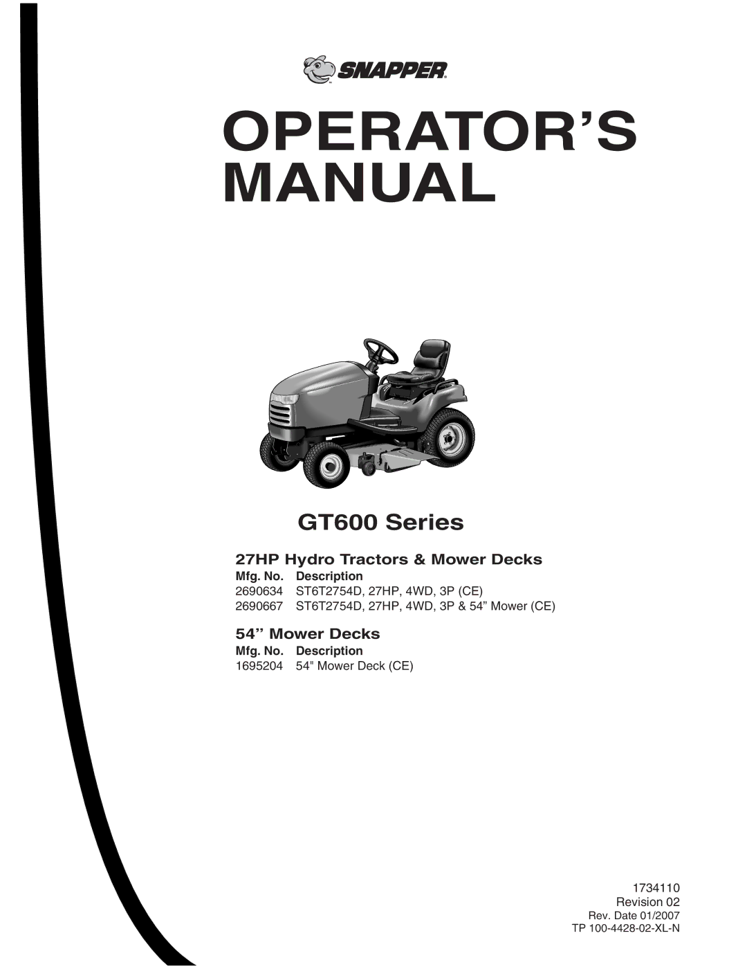 Snapper SGT27540D manual 27HP Hydro Tractors & Mower Decks, Mfg. No. Description 