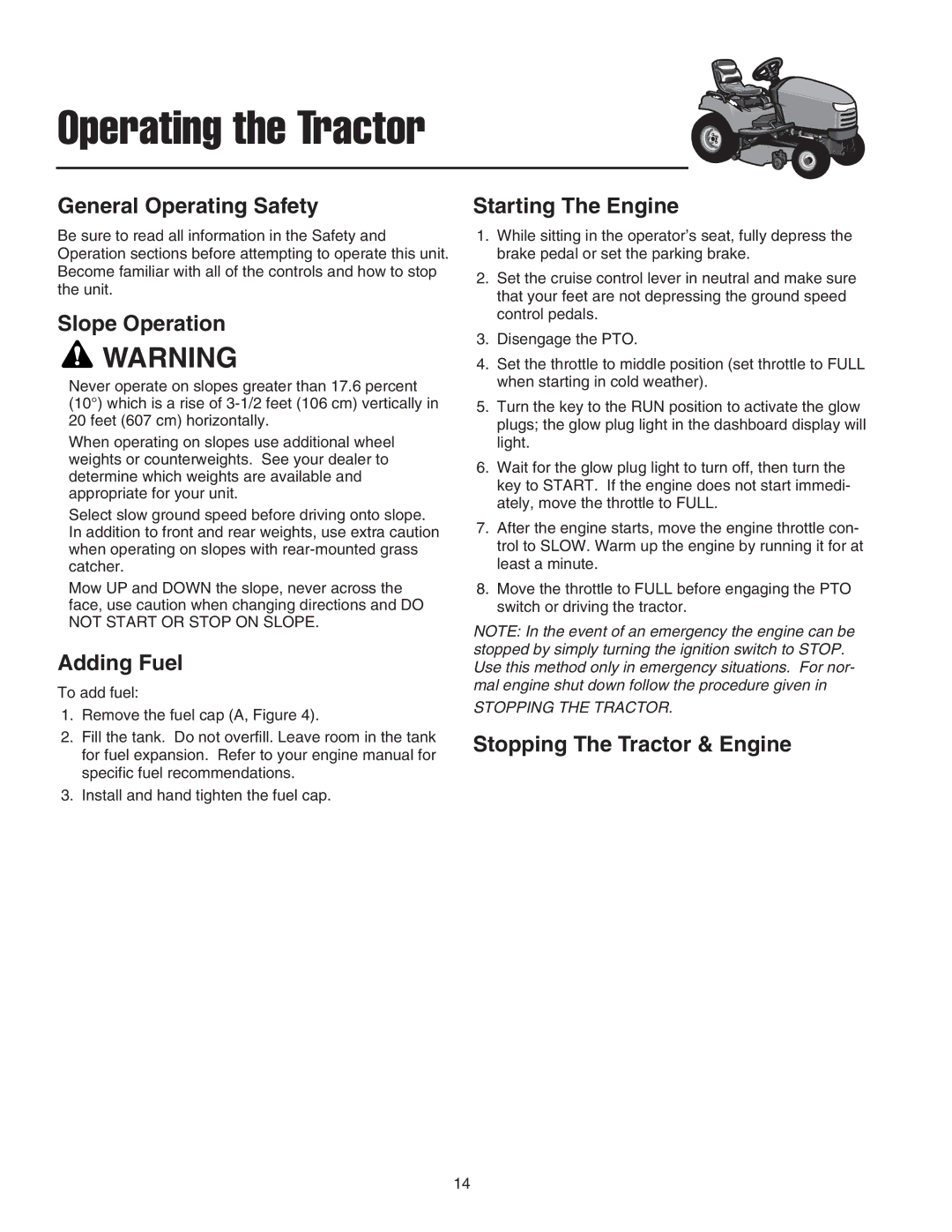 Snapper SGT27540D manual General Operating Safety, Slope Operation, Adding Fuel, Stopping The Tractor & Engine 