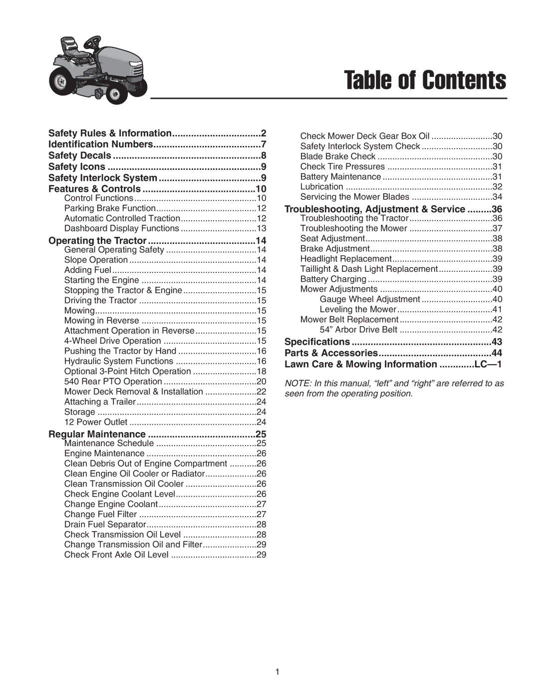 Snapper SGT27540D manual Table of Contents 