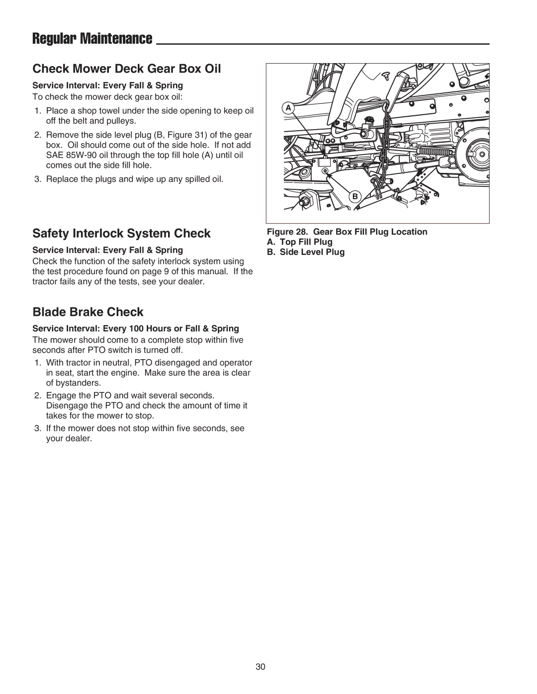 Snapper SGT27540D manual Check Mower Deck Gear Box Oil, Safety Interlock System Check, Blade Brake Check 
