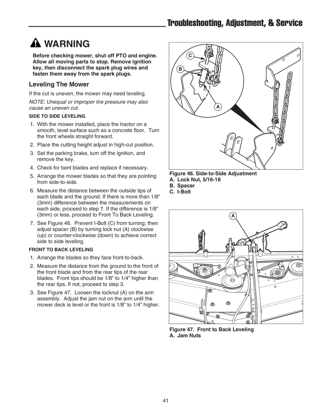 Snapper SGT27540D manual Leveling The Mower, Side-to-Side Adjustment Lock Nut, 5/16-18 Spacer Bolt 