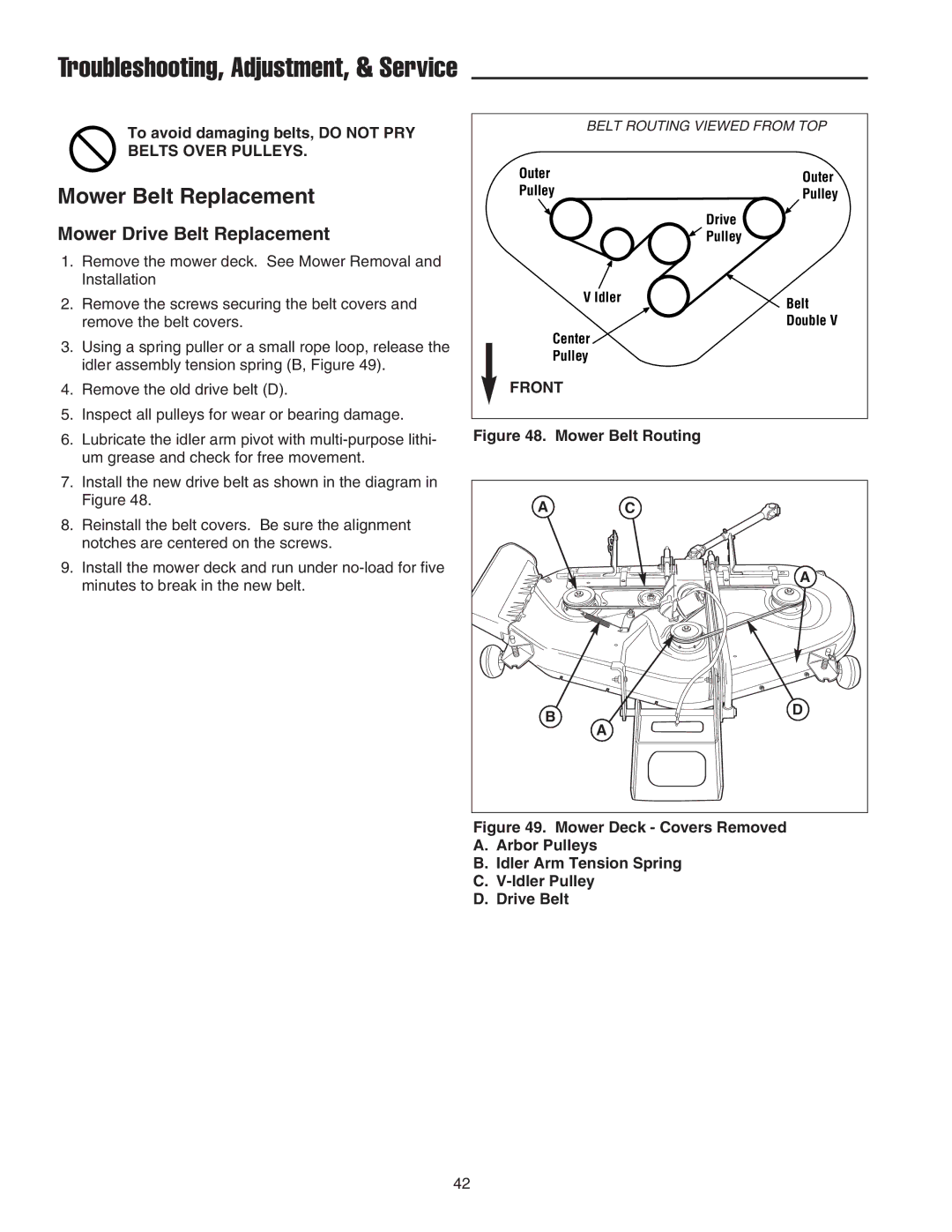 Snapper SGT27540D manual Mower Belt Replacement, Mower Drive Belt Replacement, To avoid damaging belts, do not PRY 