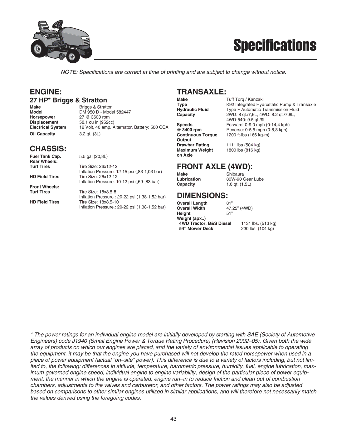 Snapper SGT27540D manual Specifications, 27 HP* Briggs & Stratton 