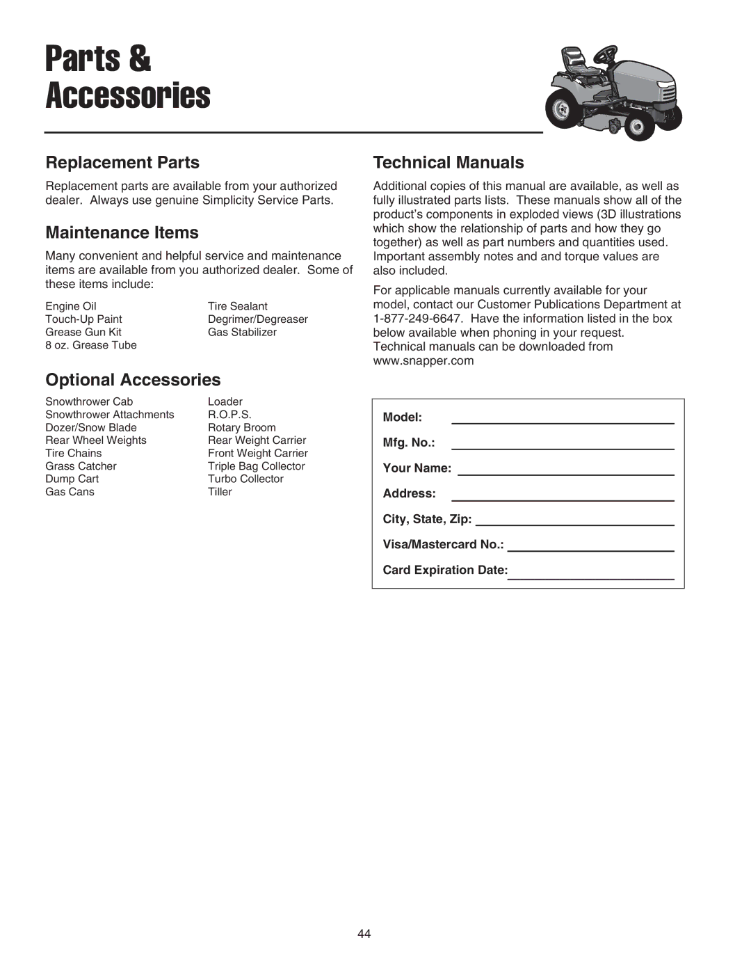 Snapper SGT27540D manual Replacement Parts, Maintenance Items, Technical Manuals, Optional Accessories 