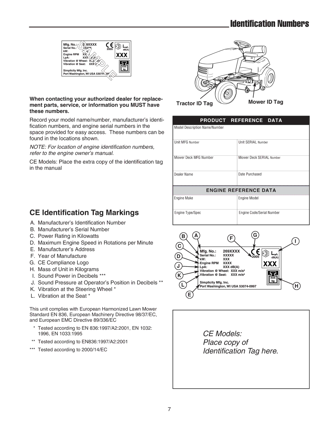 Snapper SGT27540D manual Identification Numbers, CE Identification Tag Markings, Tractor ID Tag Mower ID Tag 