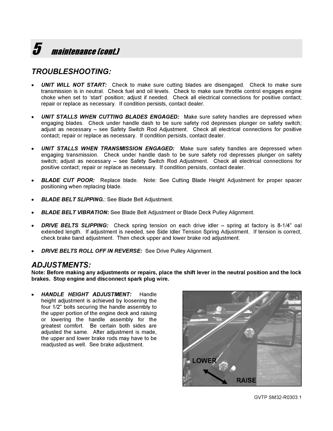 Snapper SGV13320KW manual Troubleshooting, Adjustments 