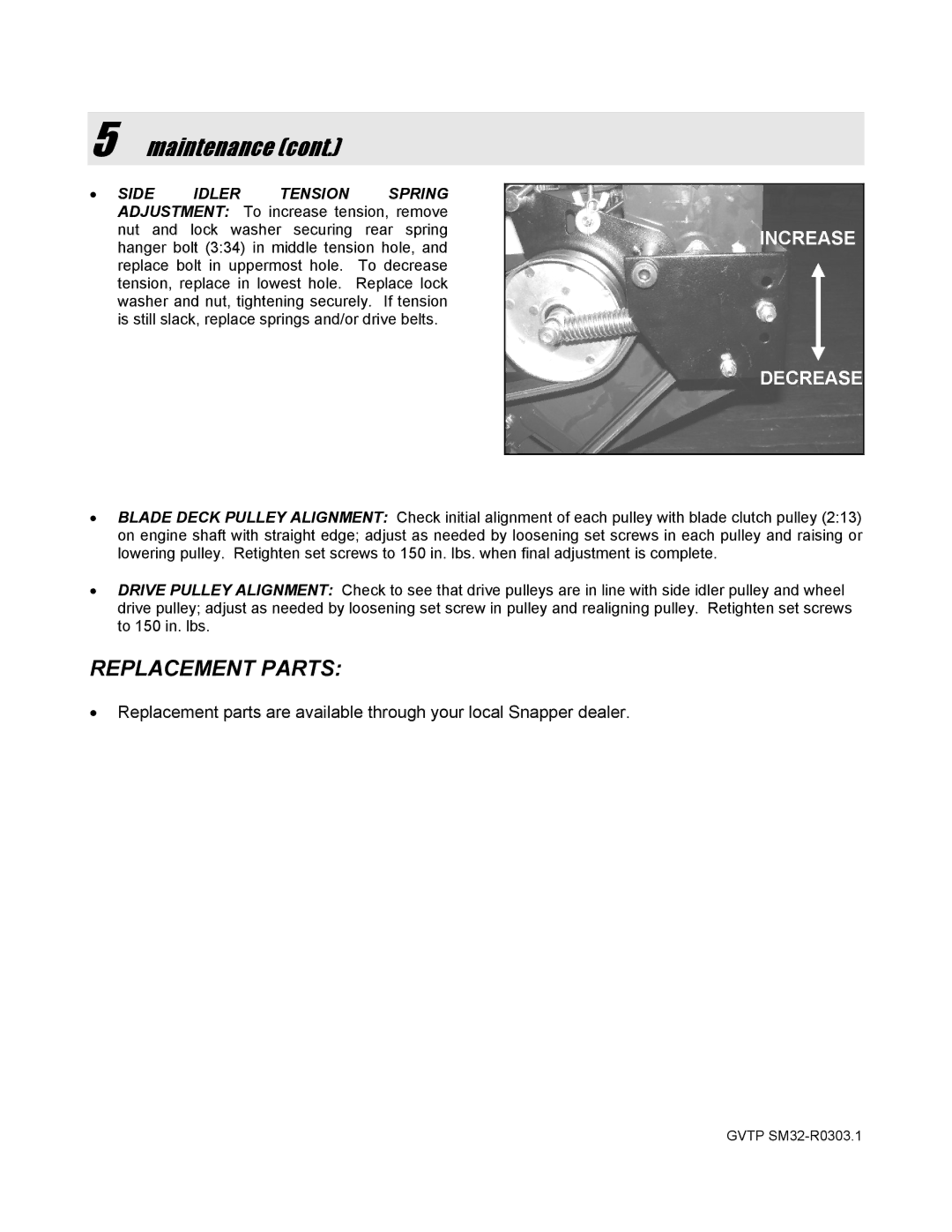 Snapper SGV13320KW manual Replacement Parts, Increase Decrease 