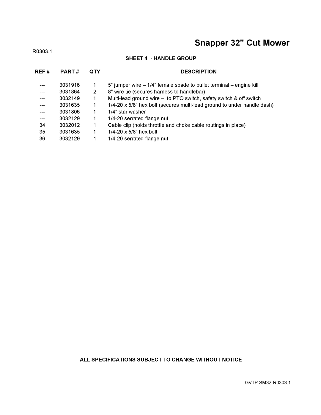 Snapper SGV13320KW manual ALL Specifications Subject to Change Without Notice 