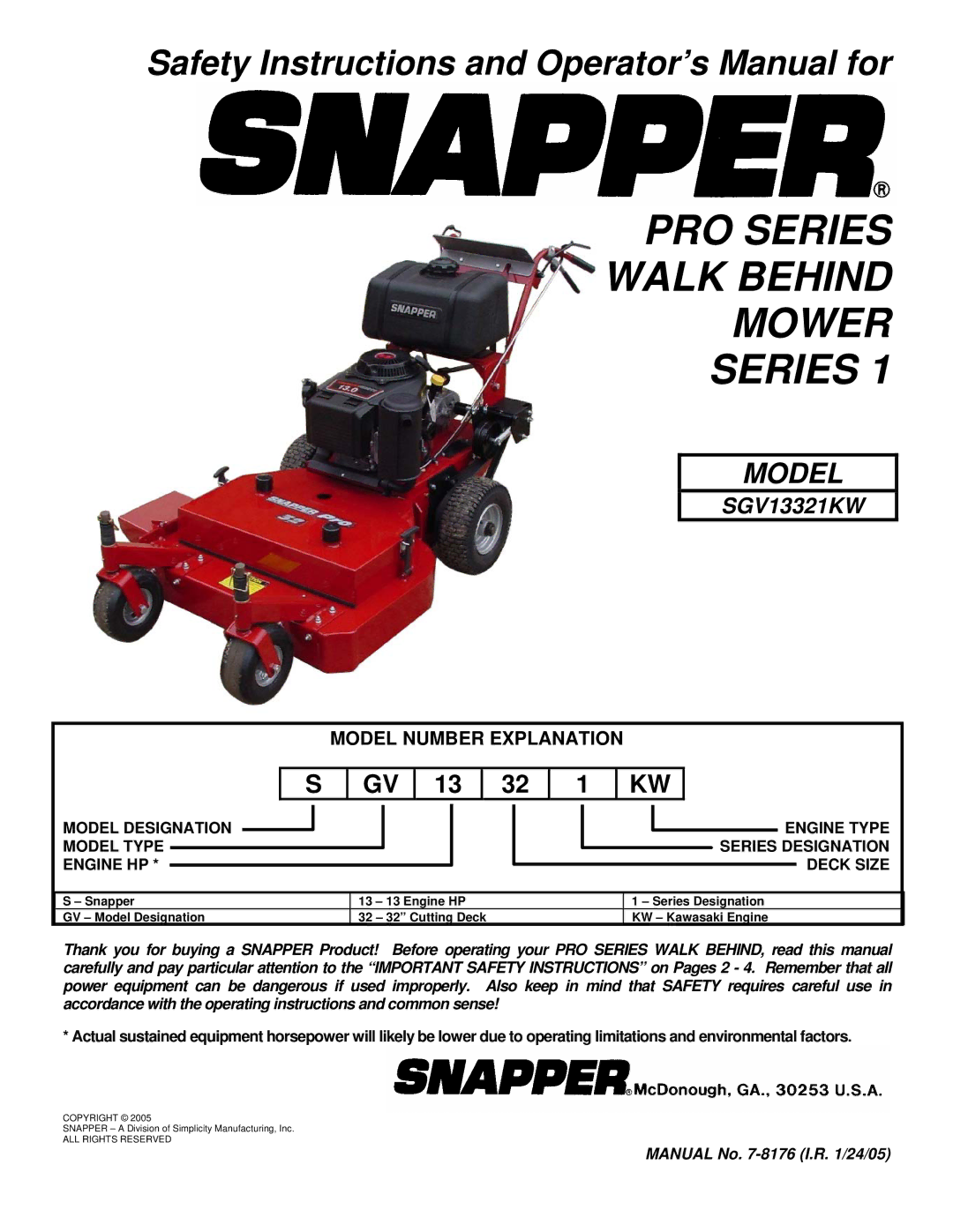 Snapper SGV13321KW important safety instructions PRO Series Walk Behind Mower, Model Number Explanation 