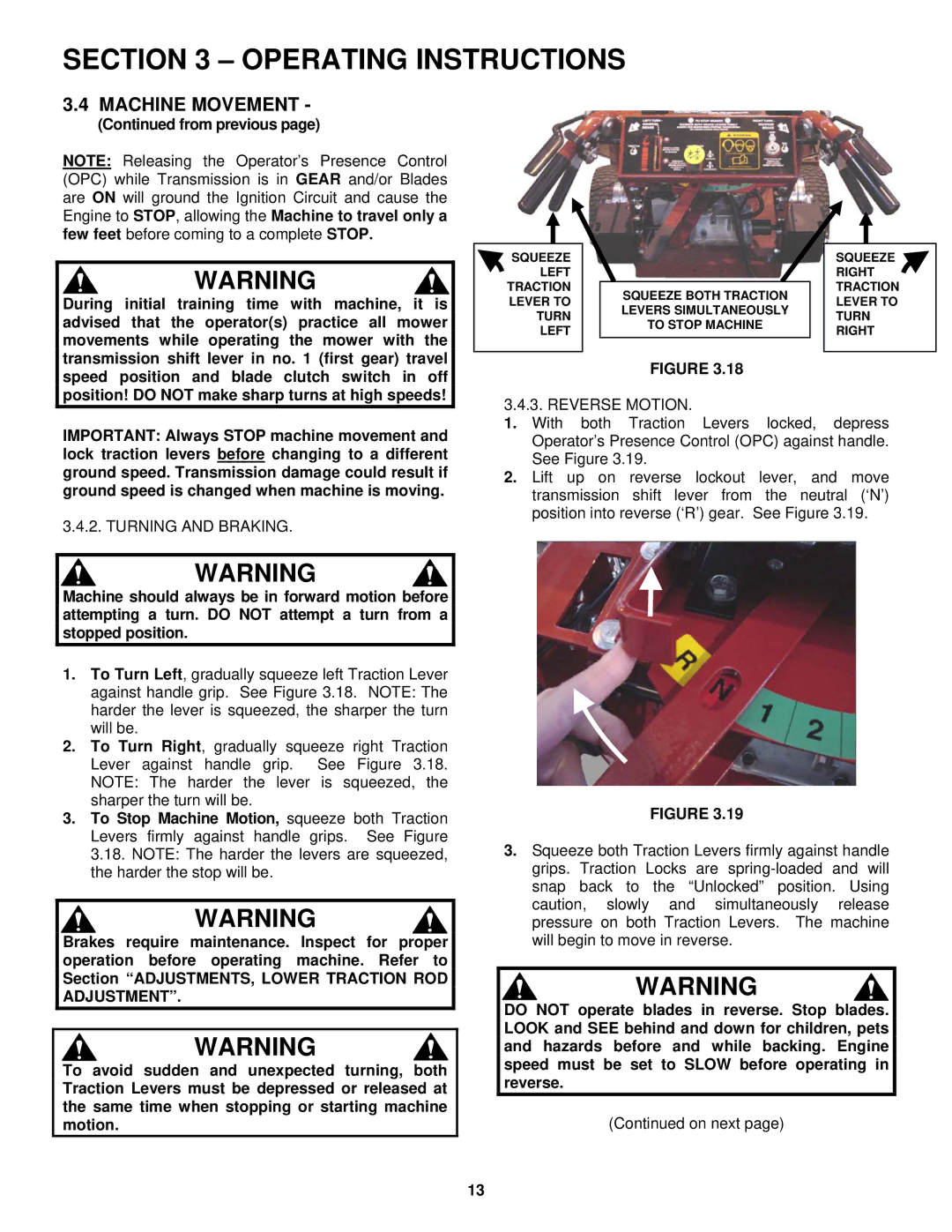 Snapper SGV13321KW important safety instructions Turning and Braking, Reverse Motion 