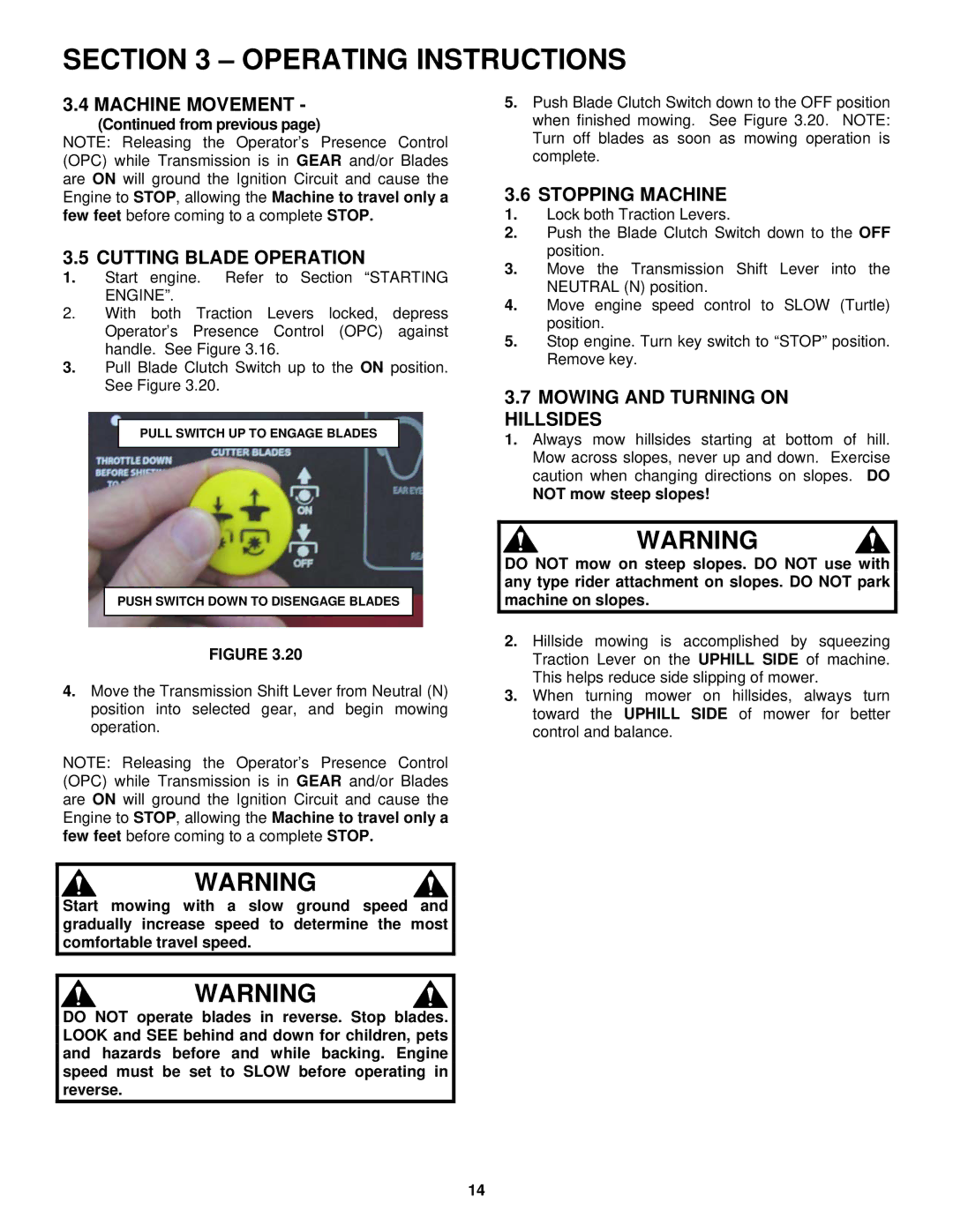 Snapper SGV13321KW important safety instructions Cutting Blade Operation, Stopping Machine, Mowing and Turning on Hillsides 