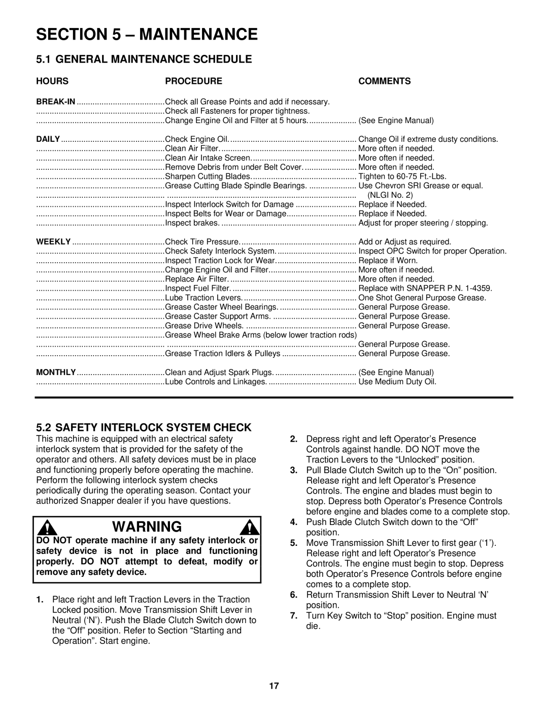 Snapper SGV13321KW General Maintenance Schedule, Safety Interlock System Check, Hours Procedure Comments 