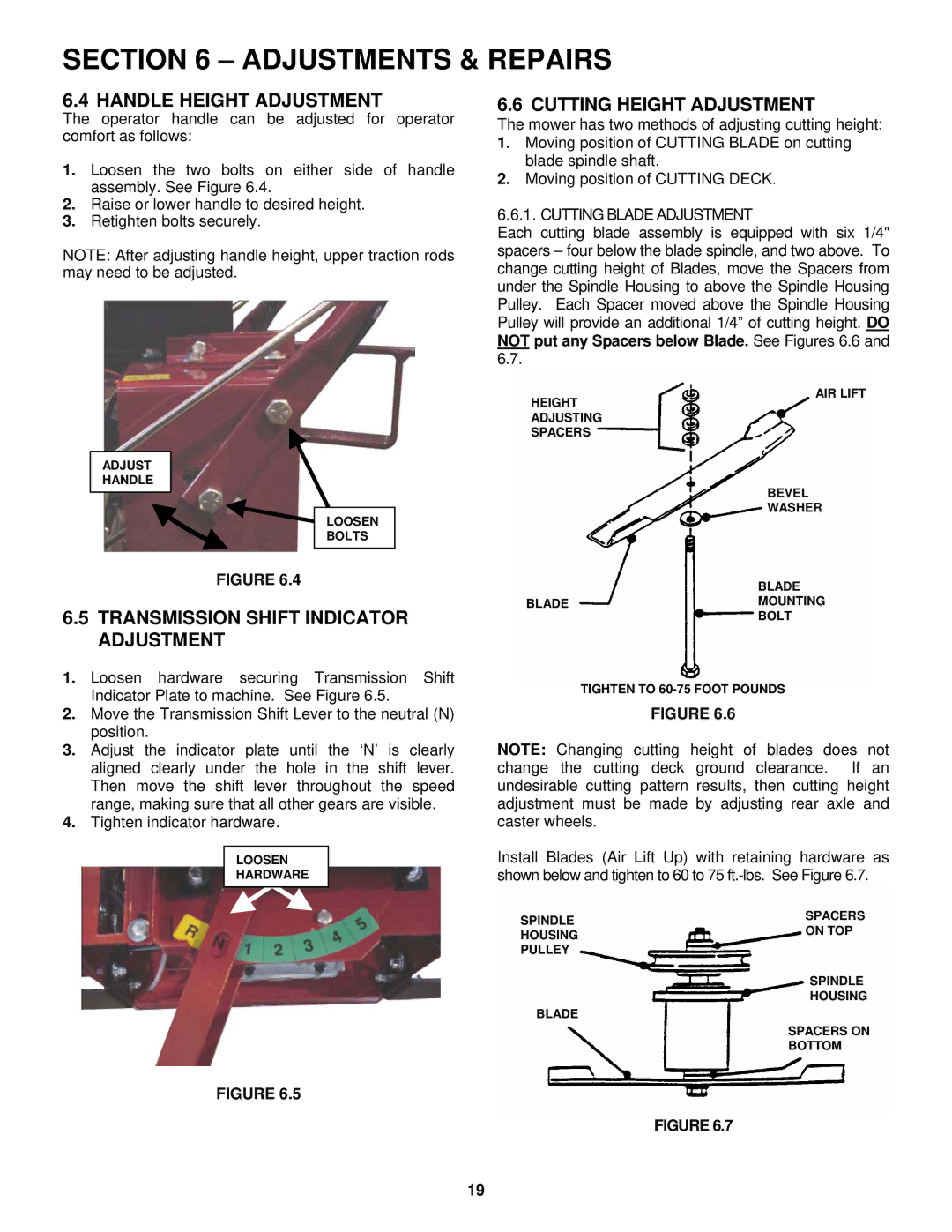 Snapper SGV13321KW Handle Height Adjustment, Cutting Height Adjustment, Transmission Shift Indicator Adjustment 