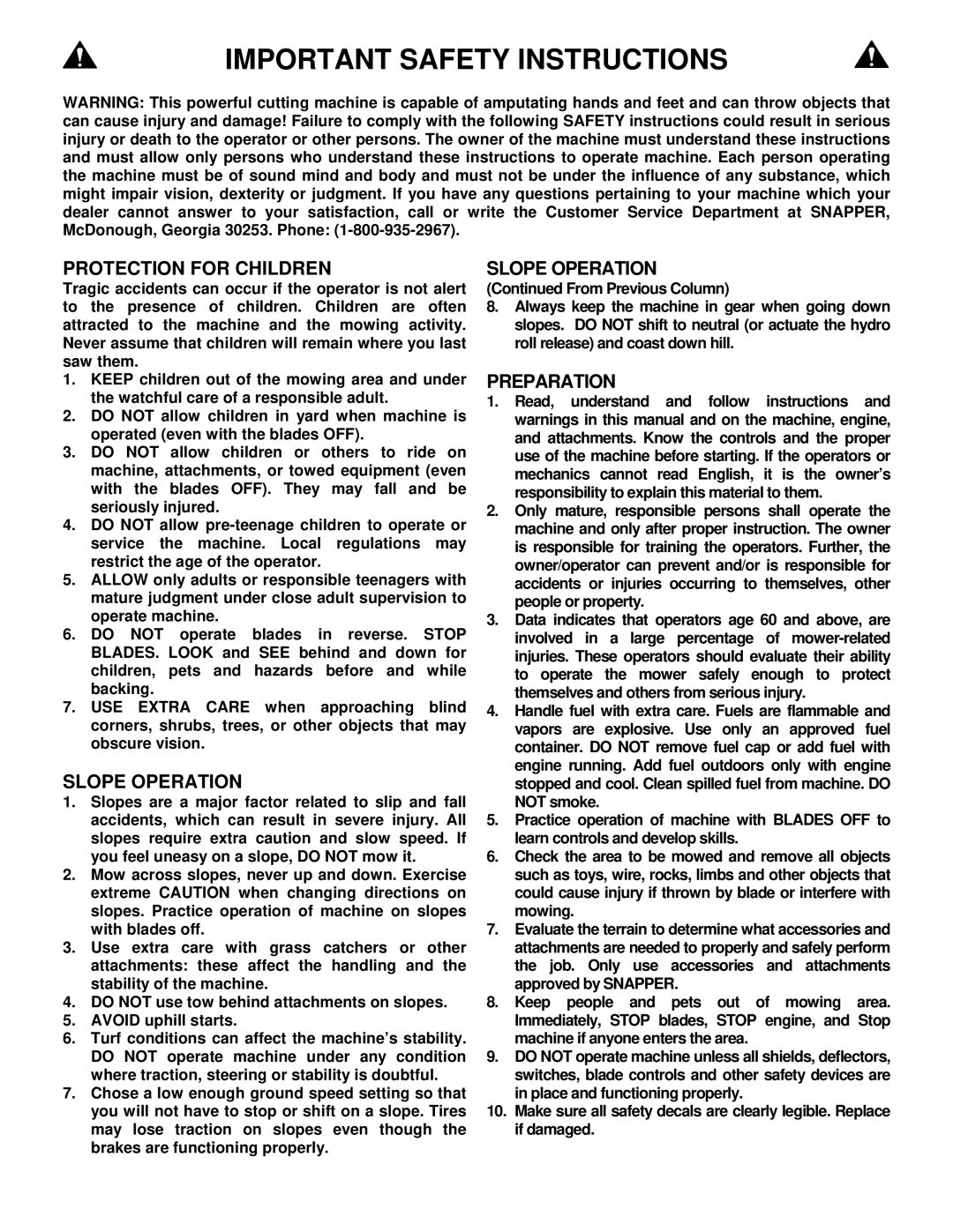 Snapper SGV13321KW Important Safety Instructions, Protection for Children, Slope Operation, Preparation 