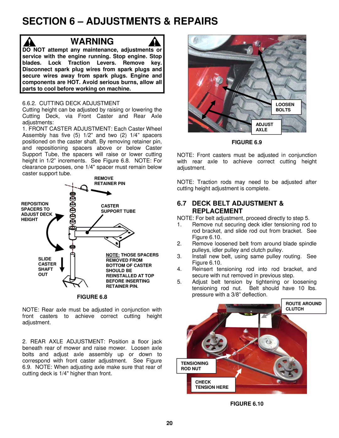 Snapper SGV13321KW important safety instructions Deck Belt Adjustment & Replacement, Cutting Deck Adjustment 