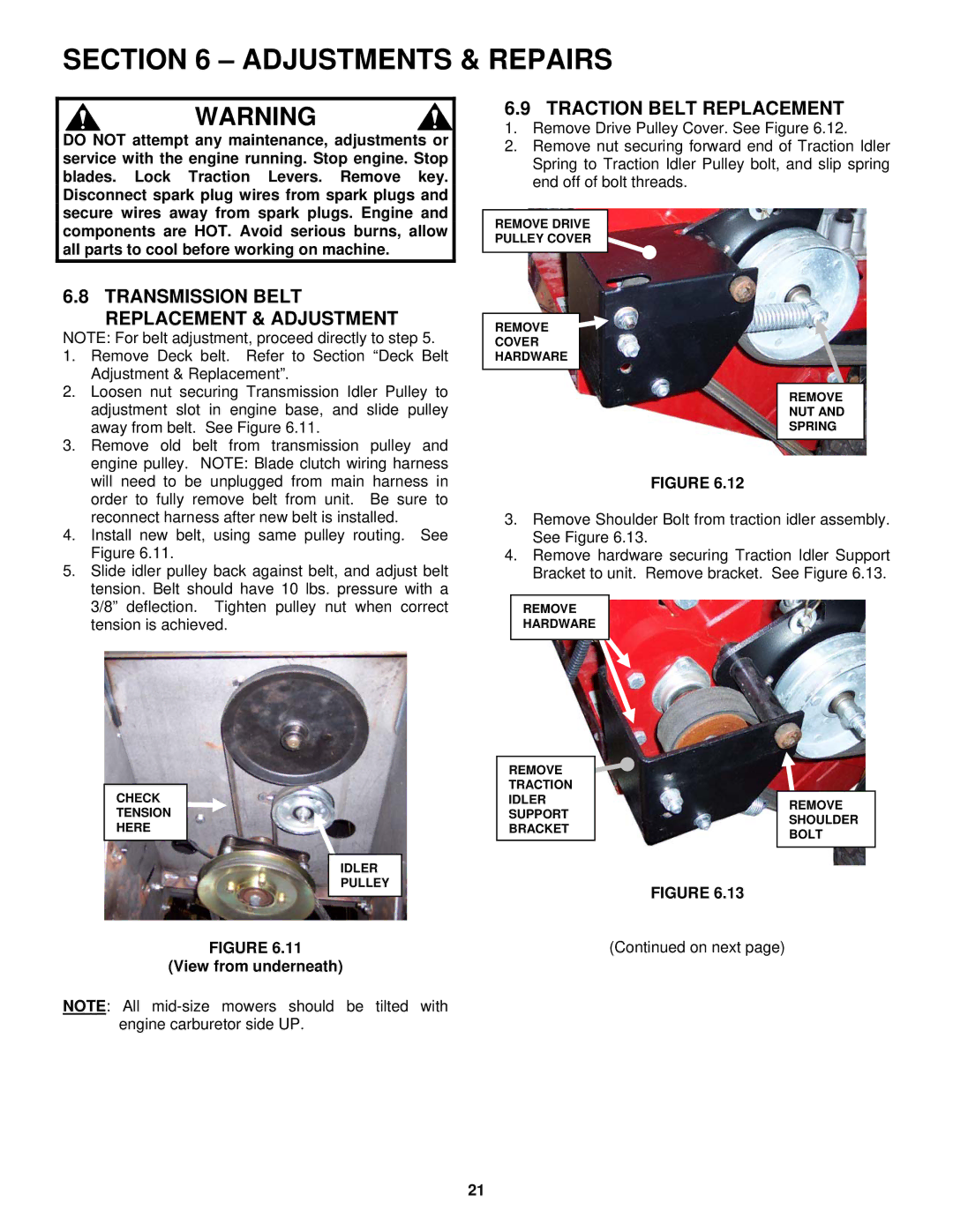 Snapper SGV13321KW important safety instructions Transmission Belt Replacement & Adjustment, Traction Belt Replacement 