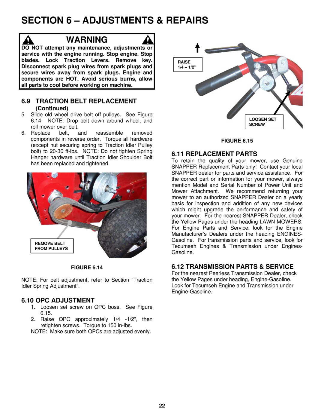 Snapper SGV13321KW important safety instructions Replacement Parts, Transmission Parts & Service, OPC Adjustment 